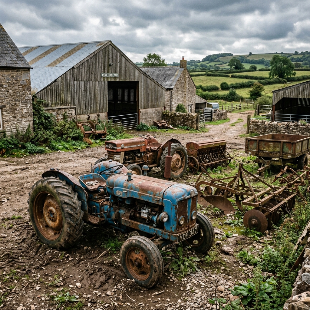 Old rusted tractor and farm machinery in Somerset