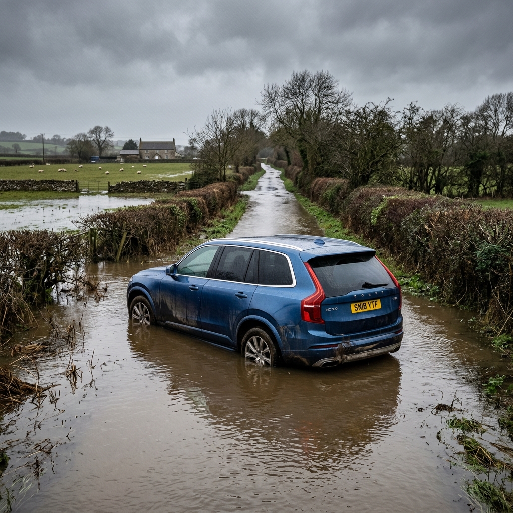 A car stranded in flood water in Somerset