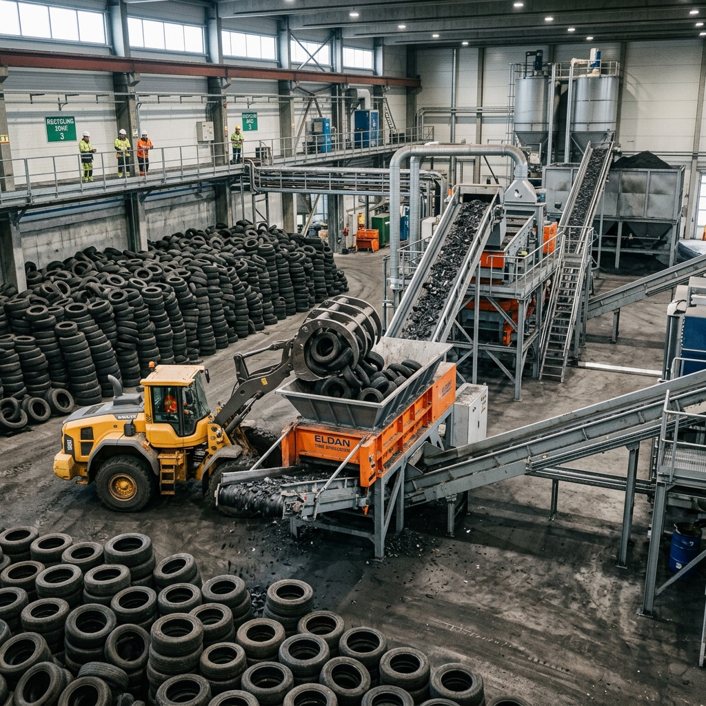 Tyre recycling process in a modern facility